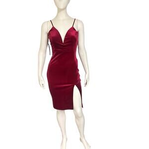 Sunset + Spring Velvet Bodycon Dress XS Red Midi Slit Cocktail Party Holiday